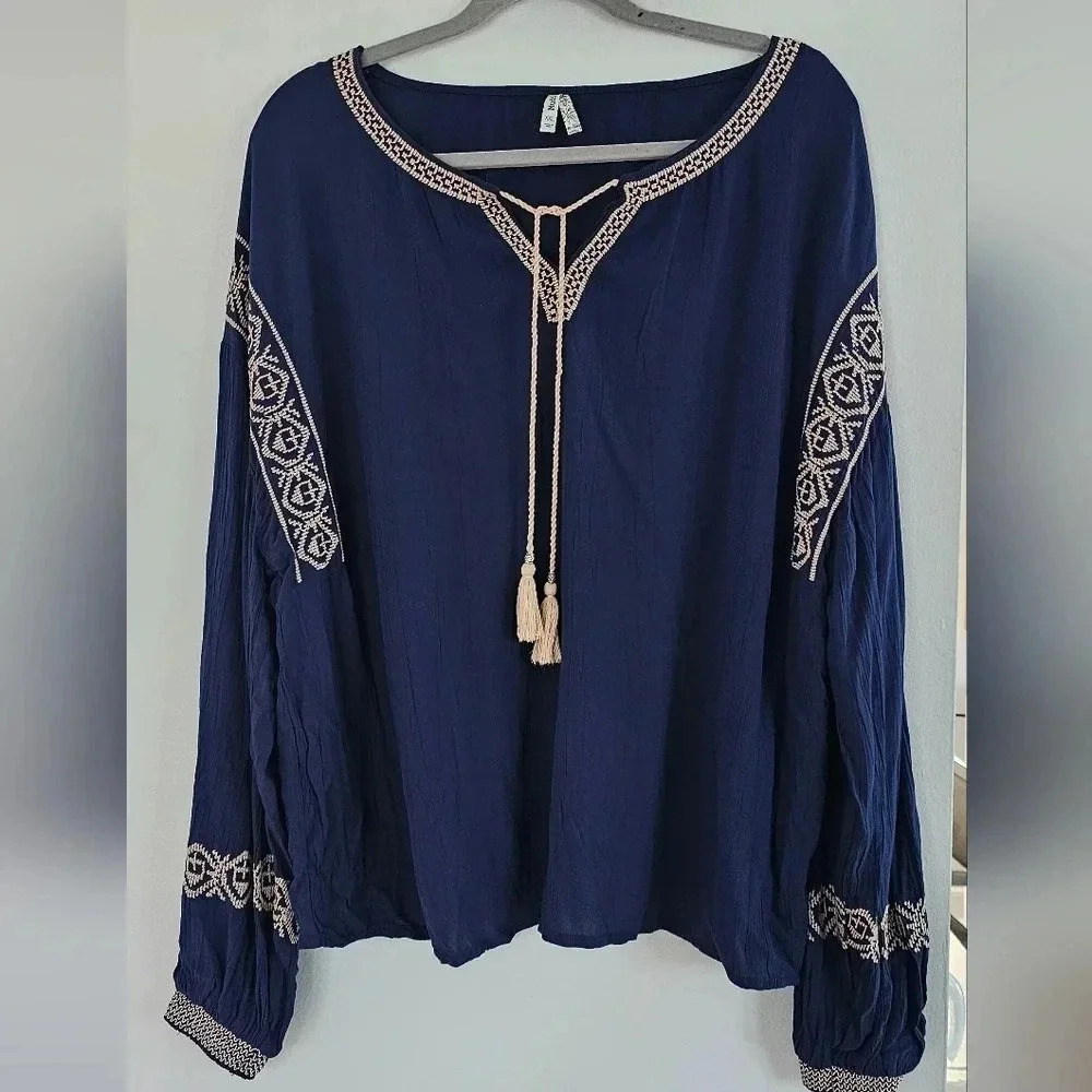 Mudd Navy Blue Embroidered Peasant Blouse with Cream Tassels